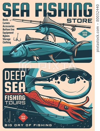 Fishing tackles shop, travel tours retro banners 80032440