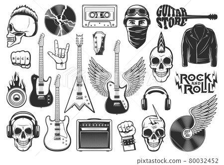 Rock music symbols, musical instruments icons set 80032452
