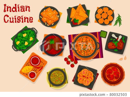 Indian cuisine food with curry and dessert dishes Indian cuisine food with curry and dessert dishes 80032503