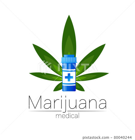 Medical cannabis symbol in vector. Logotype for marijuana, nature herbal medicine, therapy, doctors and store, business. Isolated on white background. Blue and green color. Pill and tablet health care 80040244