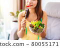 Young woman eating homemade healthy salad at home, Healthy eating lifestyle and diet concept 80055171