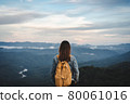 Happy young woman traveler relaxing and looking at the beautiful sunset on the top of mountain 80061016