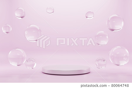 Podium with soap bubbles on pink background. Empty round stage or pedestal for award ceremony with clear water drops, abstract frame with place for ad product presentation. Realistic 3d illustration 80064748