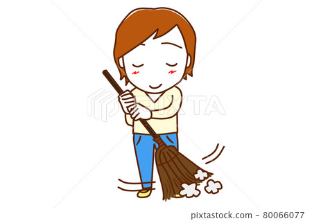 <Whole body / front> A white man in a good mood while wearing dust with a broom <Whole body / front> A white man in a good mood while wearing dust with a broom 80066077