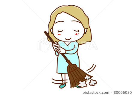<Whole body / front> A white woman in a good mood while wearing dust with a broom 80066080