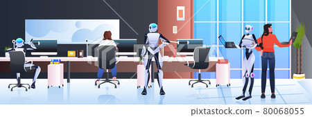 businesspeople and robots working together in creative open space artificial intelligence teamwork concept businesspeople and robots working together in creative open space artificial intelligence teamwork concept 80068055