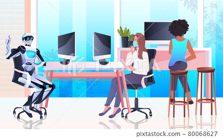 mix race businesswomen in masks and robot working together in creative open space artificial intelligence teamwork concept mix race businesswomen in masks and robot working together in creative open space artificial intelligence teamwork concept 80068627