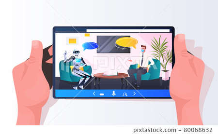 businessman discussing with robot during meeting partnership chat bubble communication artificial intelligence 80068632