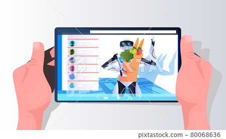 robot holding shopping bag with groceries modern robotic character artificial intelligence concept portrait horizontal vector illustration 80068636