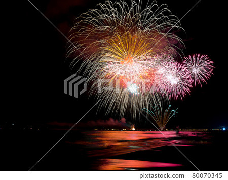 wonderful fireworks lighting ocean's water wonderful fireworks lighting ocean's water 80070345