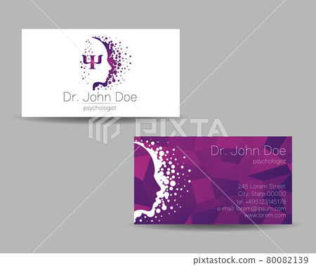 Psychology vector visit card. Modern Sign. Creative style. Design concept. Brand company. Violet color isolated on grey background. Symbol for web, print. visiting personal set 80082139