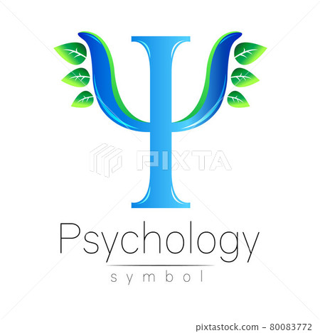 Modern logo of Psychology. Psi. Creative style. Logotype in vector. Design concept. Brand company. Blue color letter with green leaves on white background. Symbol for web, print, card, flyer. 80083772