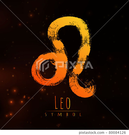 Vector abstract zodiac sign Leo on a dark cosmic background of the space with shining stars. Nebula in form of zodiac sign Leo . Abstract brush stroke sign. Bright modern gradient symbol. Logo 80084126