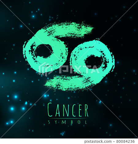 Vector abstract zodiac sign Cancer on a dark cosmic background of the space with shining stars. Nebula in form of zodiac sign Cancer . Abstract brush stroke sign. Bright modern gradient symbol. Logo 80084236