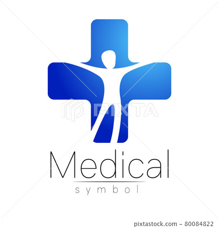 Vector medical sign with cross, human inside. Symbol for doctors, website, visit card, icon. blue color. Medicine modern concept design. Health and care. 80084822