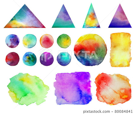 Vector illustration. . Colorful watercolor splashes isolated on white background. Rainbow blots. Hand drawn geometric elements. Bright and teen. Brush paint. Set of 17 spots. 80084841