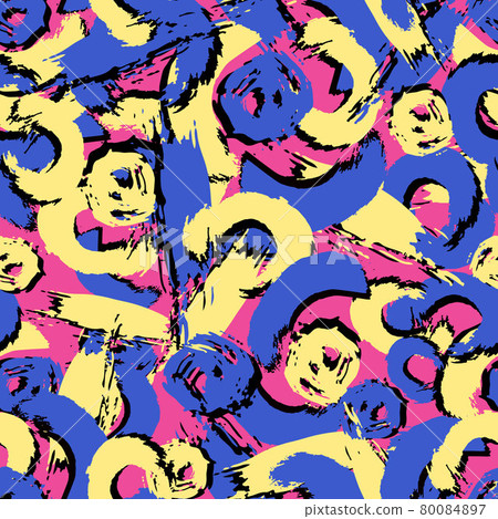 Vector colorful seamless pattern with brush strokes and dots. Yellow black blue color on pink background. Hand painted grange texture. Ink geometric elements. Fashion modern style. Unusual Vector colorful seamless pattern with brush strokes and dots. Yellow black blue color on pink background. Hand painted grange texture. Ink geometric elements. Fashion modern style. Unusual 80084897