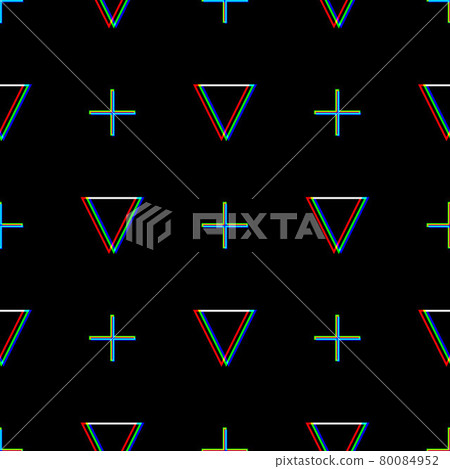 Vector seamless Glitch pattern . Color on black background. Triangle and cross element. Digital pixel noise abstract design. Television signal fail. Technical problem grunge wallpaper. Repeat print. Vector seamless Glitch pattern . Color on black background. Triangle and cross element. Digital pixel noise abstract design. Television signal fail. Technical problem grunge wallpaper. Repeat print. 80084952