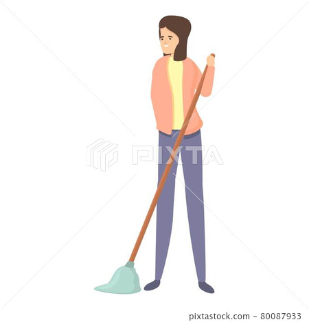 Mom mop cleaning icon cartoon vector. Woman housewife 80087933