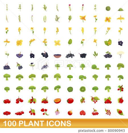 100 plant icons set, cartoon style 80090943