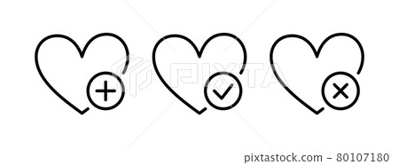 Wish list icon set. Hearts with plus, mark and cross. Wishlist icons set. Vector illustration isolated on white background. Editable stroke Wish list icon set. Hearts with plus, mark and cross. Wishlist icons set. Vector illustration isolated on white background. Editable stroke 80107180