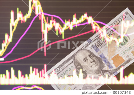 dollars in front of a laptop monitor with a price chart.Forex and trading.A trader trades stocks,bonds and securities or currencies on the Forex market or stock exchange for us dollars.100 dollars. dollars in front of a laptop monitor with a price chart.Forex and trading.A trader trades stocks,bonds and securities or currencies on the Forex market or stock exchange for us dollars.100 dollars. 80107348