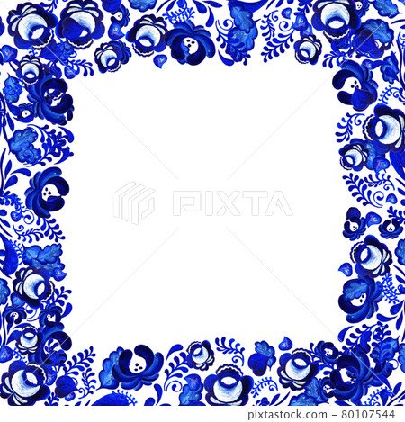 Ornate floral frame in traditional Russian style Gzhel 80107544