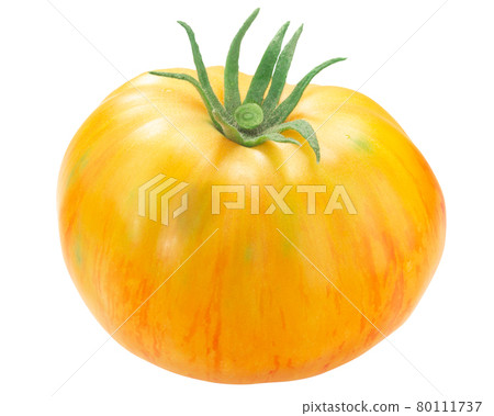 Marzipan Gold heirloom tomato, yellow w red streaks (Solanum lycopersicum fruit), isolated Marzipan Gold heirloom tomato, yellow w red streaks (Solanum lycopersicum fruit), isolated 80111737