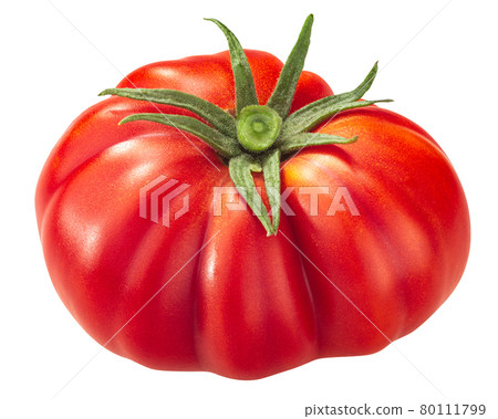 President Garfield ribbed heirloom tomato (Solanum lycopersicum fruit), whole, isolated 80111799