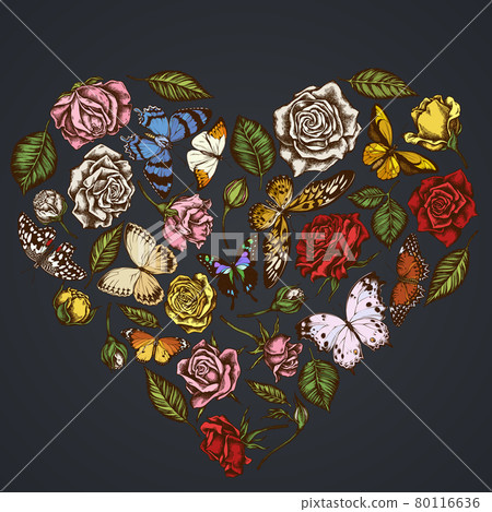 Heart floral design on dark background with lemon butterfly, red lacewing, african giant swallowtail 80116636