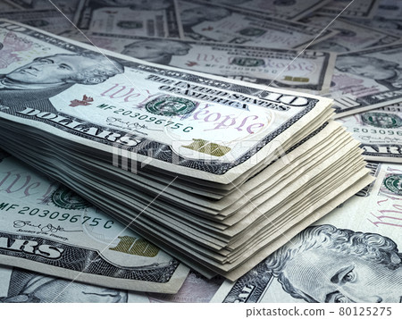 United States money. United States dollar banknotes. 10 USD dollars bills. United States money. United States dollar banknotes. 10 USD dollars bills. 80125275