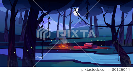 Night forest with camp, fire, river and mountains 80126044