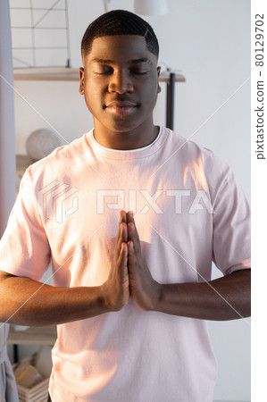 morning relax peaceful black man home yoga 80129702