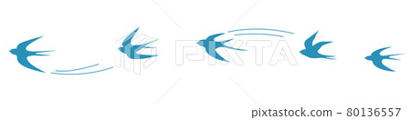 Illustration of five blue birds flying in a row Illustration of five blue birds flying in a row 80136557