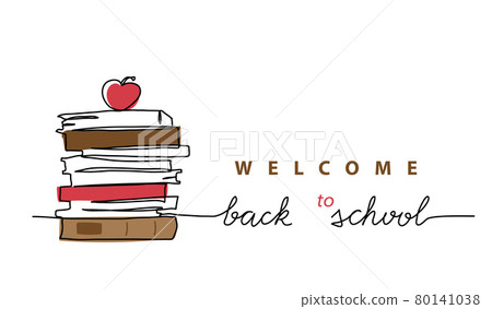 Stack of books with apple on the top. Back to school minimalist vector web banner, poster, background. One continuous line drawing illustration of books 80141038