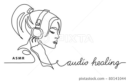 ASMR concept.Girl, woman in headphones simple vector banner, poster, background. One continuous line drawing with text audio healing ASMR concept.Girl, woman in headphones simple vector banner, poster, background. One continuous line drawing with text audio healing 80141044