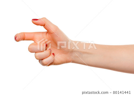 Beautiful woman hand sign holding isolated on white background Beautiful woman hand sign holding isolated on white background 80141441