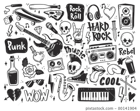 Rock n roll, punk music doodle set. 80141904
