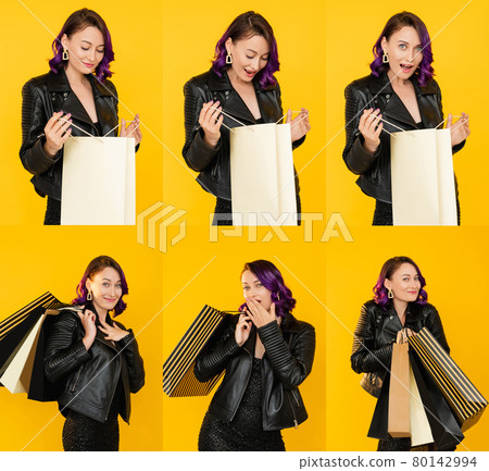 wow shopping happy woman collage portrait festive 80142994