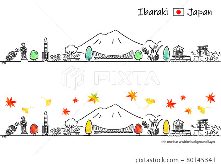 Simple line drawing set of the cityscape of Ibaraki in autumn 80145341