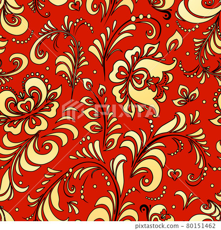 Classic Russian ornament. Red-gold khokhloma. Russian Volkler. Seamless pattern. 80151462