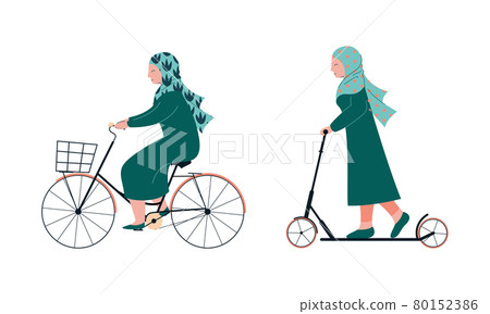 Muslim Woman in Hijab Riding Scooter and Cycling Vector Set 80152386
