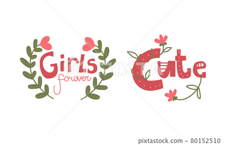 Girl Power Trendy Stickers with Girl Forever Inscription Vector Set 80152510