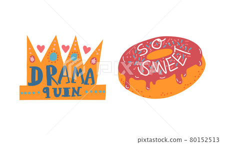 Girl Power Trendy Stickers with Crown and Donut Vector Set 80152513