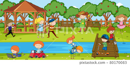 Outdoor scene with many kids playing in the park - Stock Illustration ...