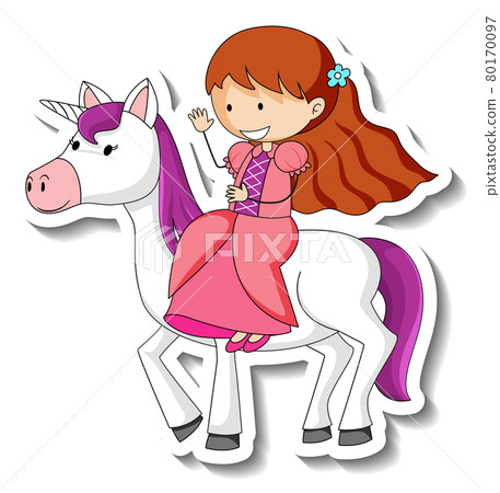 Cute stickers with a little princess riding a unicorn cartoon character Cute stickers with a little princess riding a unicorn cartoon character 80170097