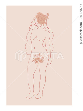 Woman silhouette, female body, body positive, cosmetic concept with flowers, trendy beige 80170254