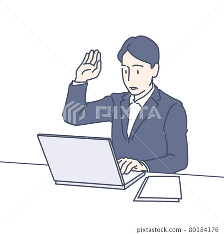 A man in a suit raising his hand during a remote meeting on a laptop A man in a suit raising his hand during a remote meeting on a laptop 80184176