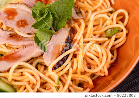 noodles with meat and sauce with greens noodles with meat and sauce with greens 80225808