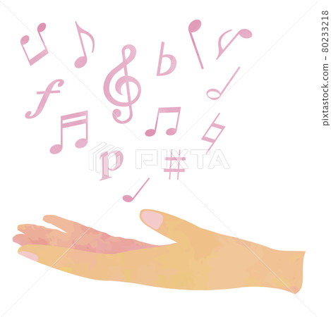 Hands and music Pink notes floating in a heart shape on the outstretched hand 80233218